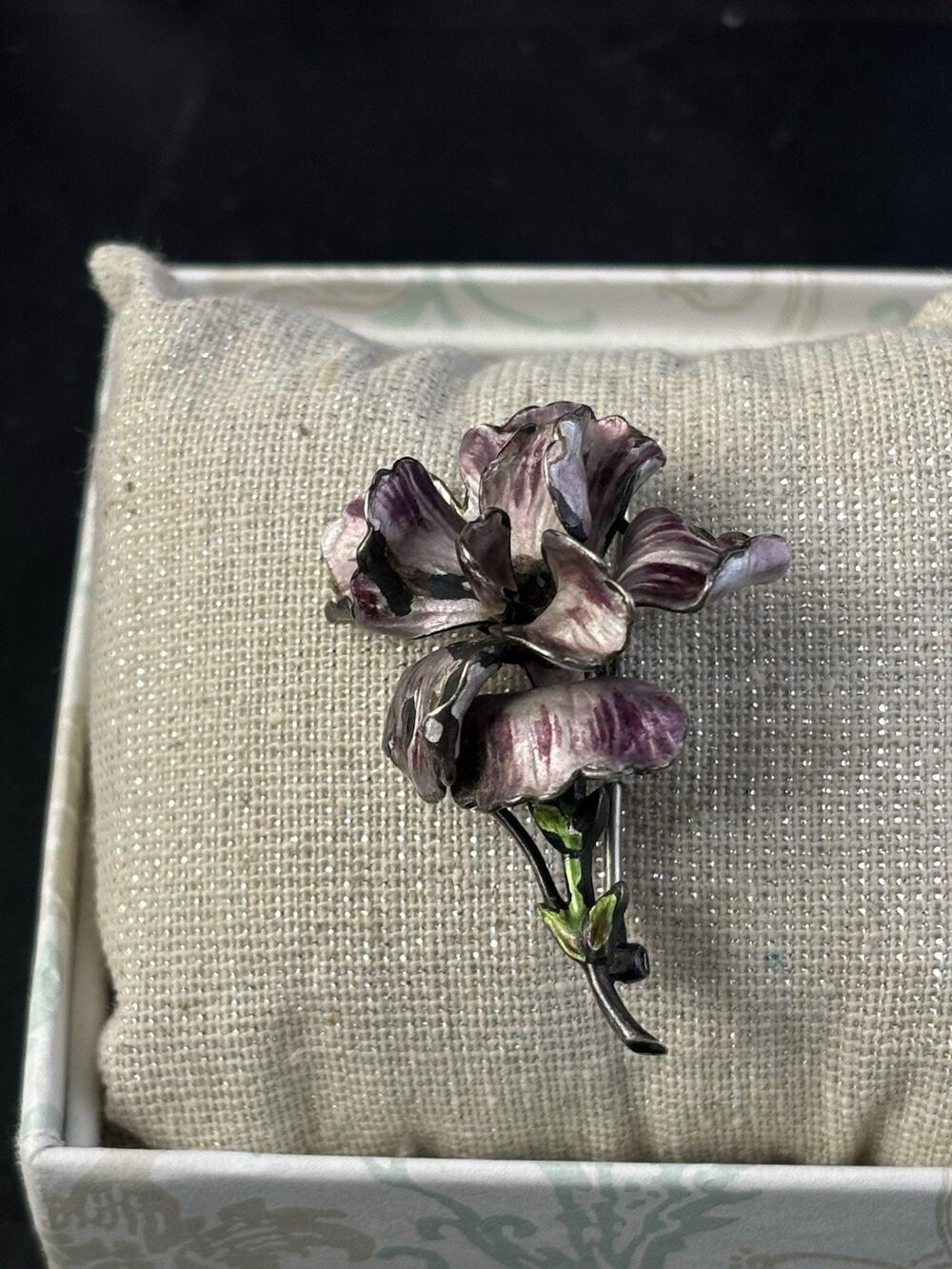 Vintage Orchid Enamel Repose Sterling Silver Pin Brooch Purple Art Nouveau-11 Gr